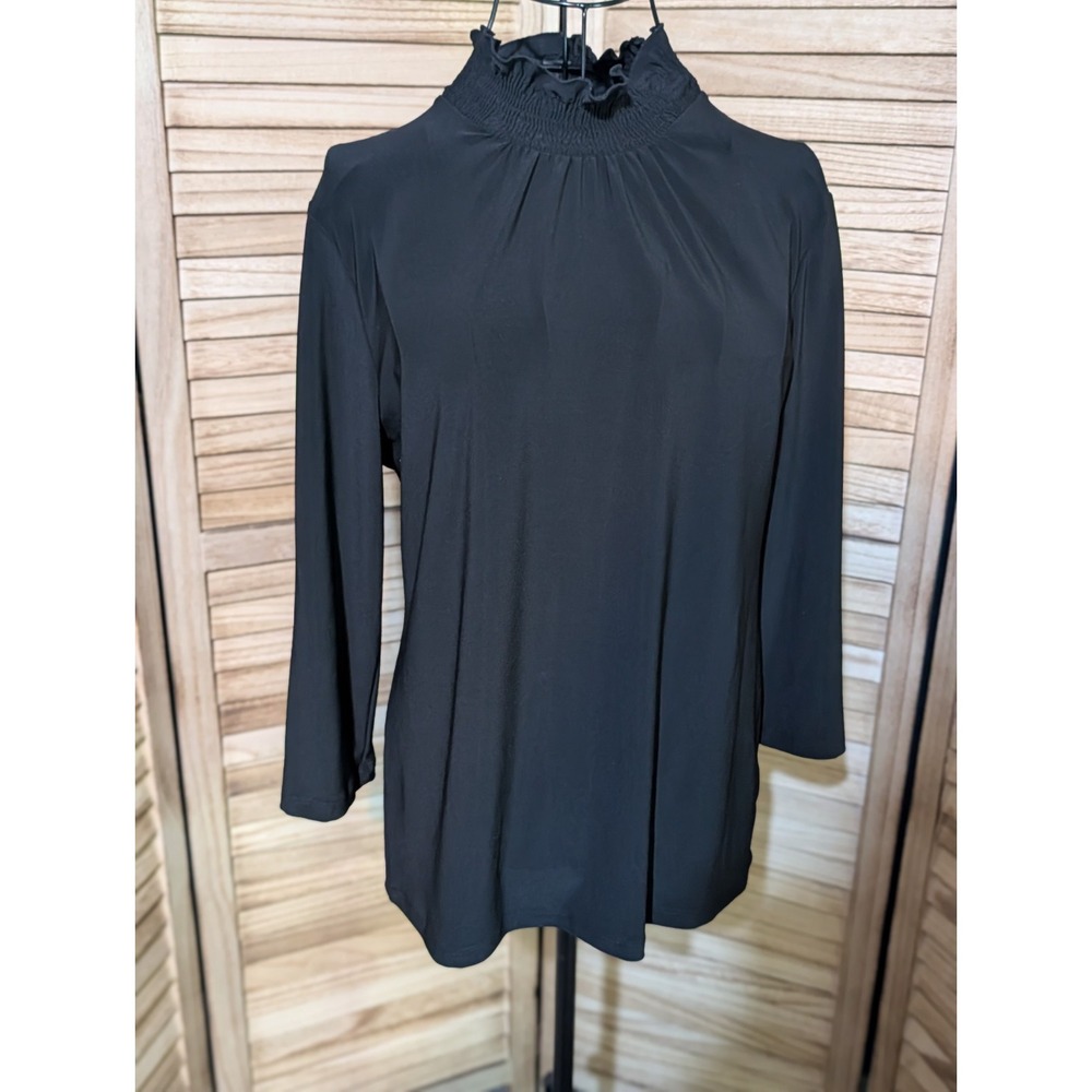 Joseph A Blouse Size Medium Ruffled Long Sleeve Jet Black Keyhole Back New
